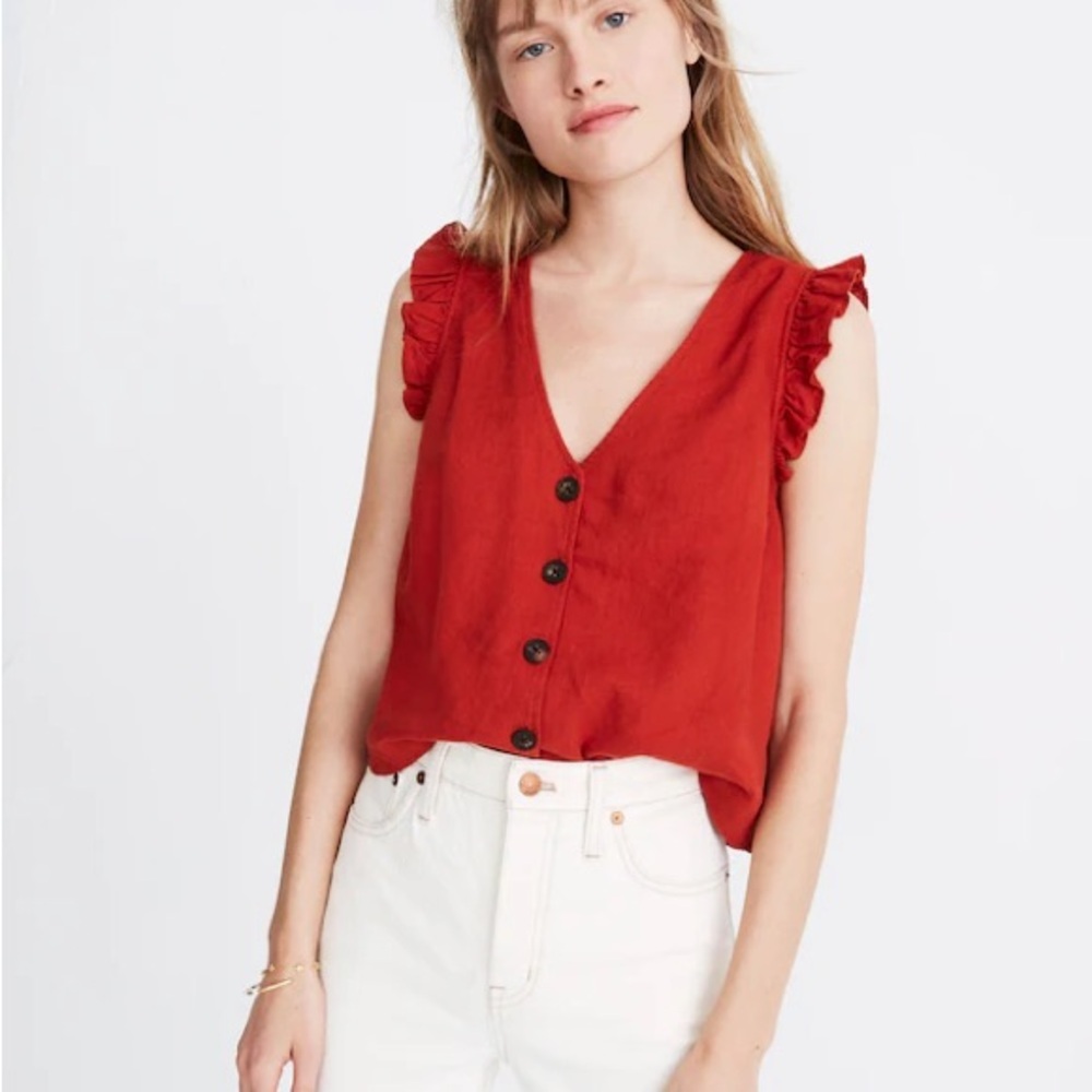 Madewell Linen-Blend Ruffle Button Front Cropped Tank Women’s 4 Etruscan Clay